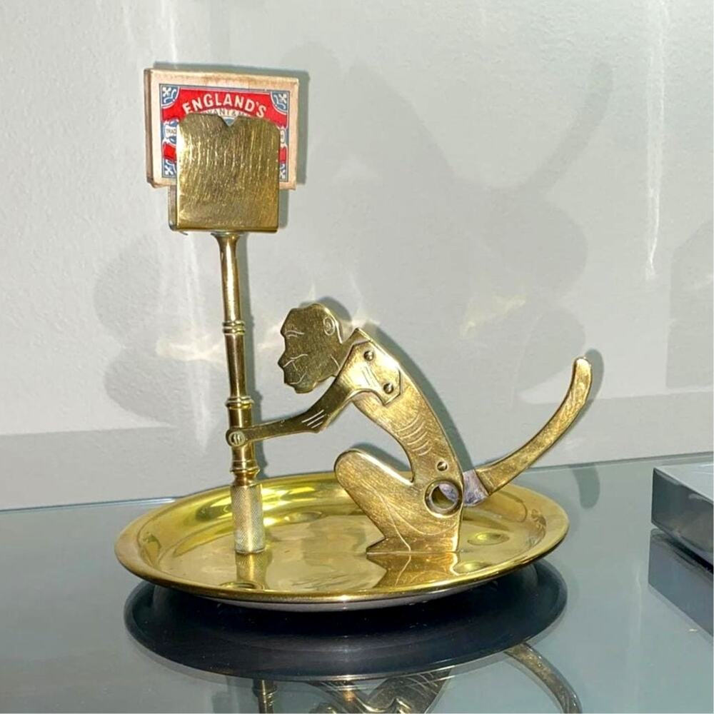 Vintage Brass Monkey Cigar Cutter Matchbook Holder Ashtray Desk Set Figural